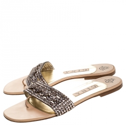 مملوكة مسبقًا Gina Metallic Bronze Crystal Embellished Leather Thong Flat Slides Size 39