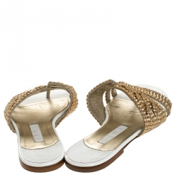 Pre Owned Gina White Crystal Embellished Flat Slides Size 39