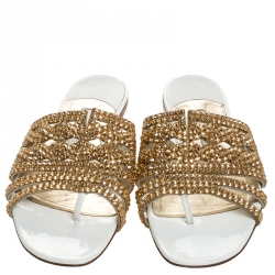 Pre Owned Gina White Crystal Embellished Flat Slides Size 39