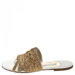 Pre Owned Gina White Crystal Embellished Flat Slides Size 39