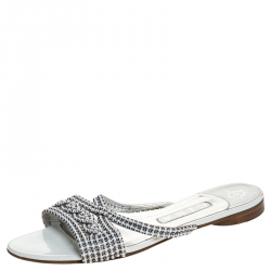 مملوكة مسبقًا Gina White Crystal Embellished Leather Flat Slides Size 39
