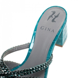  Gina Teal Crystal Embellished Leather Dexie Sandals Size 38