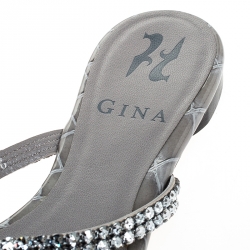 Pre Owned Gina Grey Crystal Embellished Croc Embossed Leather Olson Slide Flats Size 36