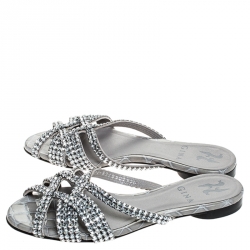 Pre Owned Gina Grey Crystal Embellished Croc Embossed Leather Olson Slide Flats Size 36