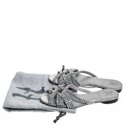 Pre Owned Gina Grey Crystal Embellished Croc Embossed Leather Olson Slide Flats Size 36