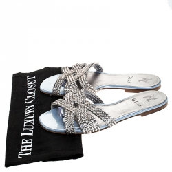Pre Owned Gina Silver Crystal Embellished Slip On Slides Size 37
