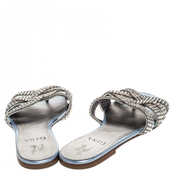 Pre Owned Gina Silver Crystal Embellished Slip On Slides Size 37