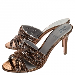 مملوكة مسبقًا Gina Metallic Bronze Crystal Embellished Leather Slide Sandals Size 37
