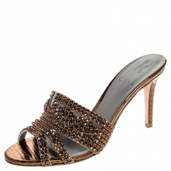 مملوكة مسبقًا Gina Metallic Bronze Crystal Embellished Leather Slide Sandals Size 37