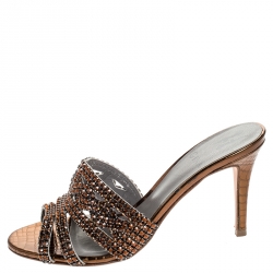 مملوكة مسبقًا Gina Metallic Bronze Crystal Embellished Leather Slide Sandals Size 37