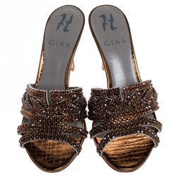 مملوكة مسبقًا Gina Metallic Bronze Crystal Embellished Leather Slide Sandals Size 37