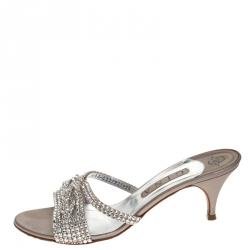 Pre Owned Gina Silver Crystal Embellished Leather Open Toe Sandals Size 40.5