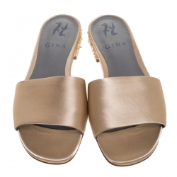 Pre Owned حذاء سلايدز جينا فلات مزخرف كريستال ذهبي ميتالك مقاس 37.5