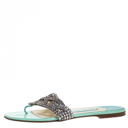 Pre Owned صندل بإصبع جينا فلات جلد نقش كريستال فضي مقاس 37.5