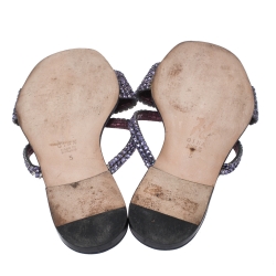 Pre Owned Gina Navy Blue/Purple Leather Crystal Embellished Flat Slides Size 38