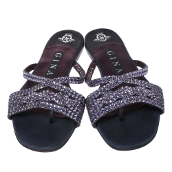 Pre Owned Gina Navy Blue/Purple Leather Crystal Embellished Flat Slides Size 38