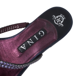 Pre Owned Gina Navy Blue/Purple Leather Crystal Embellished Flat Slides Size 38