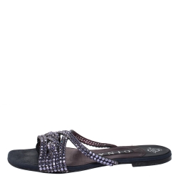 Pre Owned Gina Navy Blue/Purple Leather Crystal Embellished Flat Slides Size 38