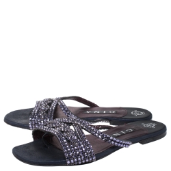 Pre Owned Gina Navy Blue/Purple Leather Crystal Embellished Flat Slides Size 38