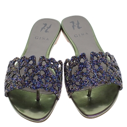 Pre Owned Gina Blue Crystal Embellished Flat Slides Size 39