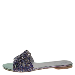 Pre Owned Gina Blue Crystal Embellished Flat Slides Size 39