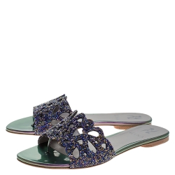 Pre Owned Gina Blue Crystal Embellished Flat Slides Size 39