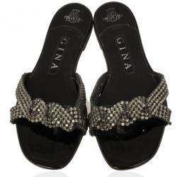 Pre Owned Gina Black Crystal Embellished Flat Slides Size 38