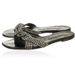 Pre Owned Gina Black Crystal Embellished Flat Slides Size 38