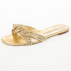 مملوكة مسبقًا Gina Gold Crystal Embellished Flat Slides Size 39.5