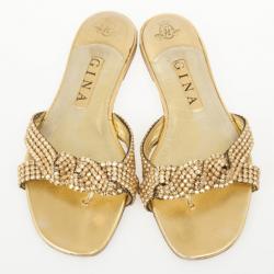 مملوكة مسبقًا Gina Gold Crystal Embellished Flat Slides Size 39.5