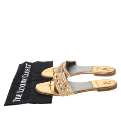 Pre Owned Gina Olive Green Patent Leather Crystal Embellished Slide Flats Size 38.5