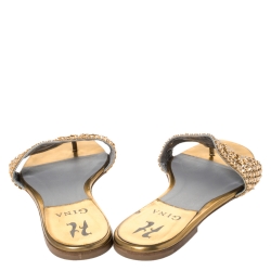 Pre Owned Gina Olive Green Patent Leather Crystal Embellished Slide Flats Size 38.5