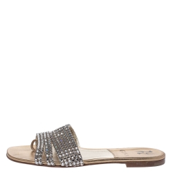 Pre Owned Gina Metallic Gold Leather Crystal Embellished Slide Flats Size 36