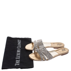 Pre Owned Gina Metallic Gold Leather Crystal Embellished Slide Flats Size 36