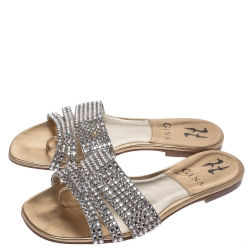 Pre Owned Gina Metallic Gold Leather Crystal Embellished Slide Flats Size 36