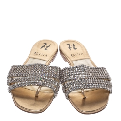 Pre Owned Gina Metallic Gold Leather Crystal Embellished Slide Flats Size 36