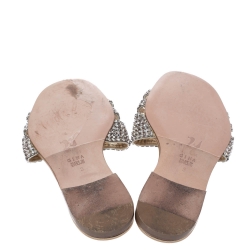 Pre Owned Gina Metallic Gold Leather Crystal Embellished Slide Flats Size 36