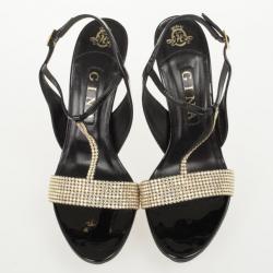 Pre Owned Gina Black Patent Crystal Embellished Sandals Size 40.5