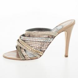 Pre Owned Gina Gold Crystal High Heel Slides Size 38