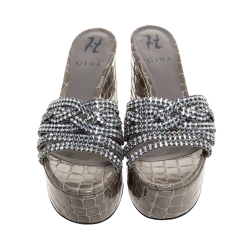 Pre Owned Gina Taupe Croc Embossed Leather Crystal Embellished Wedge Platform Sandals Size 38