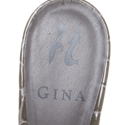Pre Owned Gina Taupe Croc Embossed Leather Crystal Embellished Wedge Platform Sandals Size 38