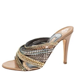Pre Owned Gina Multicolor Crystal Embellished and Snakeskin Strappy Sandals Size 38