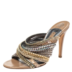 Pre Owned Gina Multicolor Crystal Embellished and Snakeskin Strappy Sandals Size 38