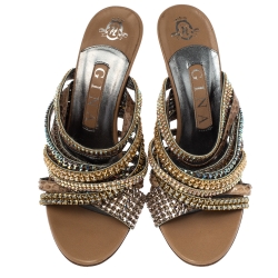 Pre Owned Gina Multicolor Crystal Embellished and Snakeskin Strappy Sandals Size 38