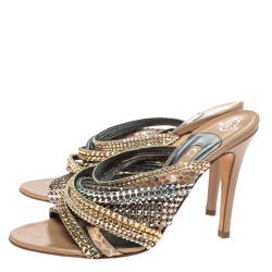 Pre Owned Gina Multicolor Crystal Embellished and Snakeskin Strappy Sandals Size 38