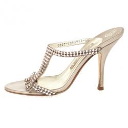 Pre Owned Gina Gold Embellished High Heel Slides Size 37.5