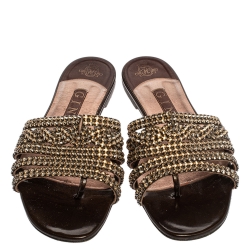 Pre Owned حذاء سلايدز جينا فلات بإصبع مزخرف كريستال وجلد لامع بني مقاس 38