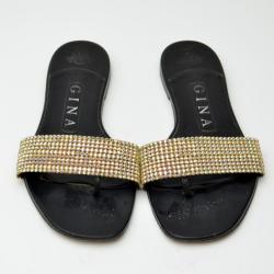 Pre Owned Gina Gold Embellished Hot Slides Size 35.5