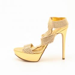 Pre Owned Gina Metallic Gold and Crystal Embellished Platform Sandals Size 36