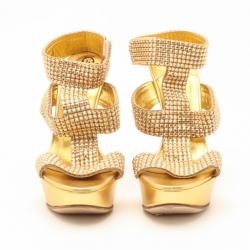 Pre Owned Gina Metallic Gold and Crystal Embellished Platform Sandals Size 36
